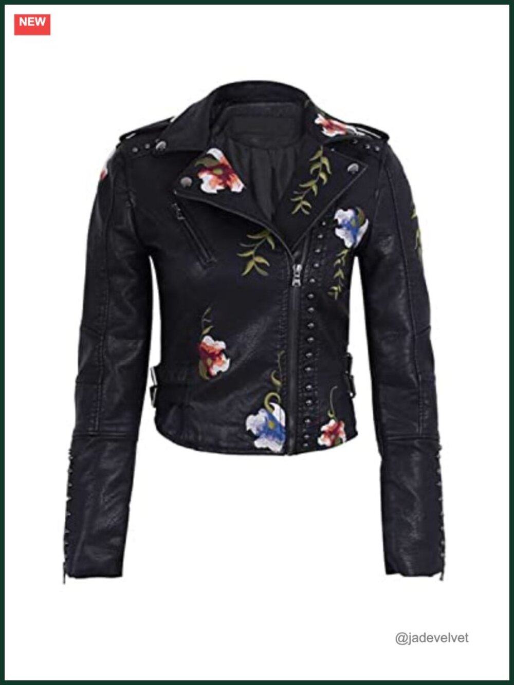 Faux Leather Embroidered Studded Moto Jacket Floral Biker Coat